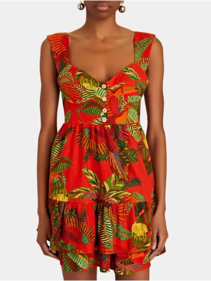 Farm Rio Forest Birds Mini Dress Tiered Skirt Linen Blend Sweetheart Neckline M